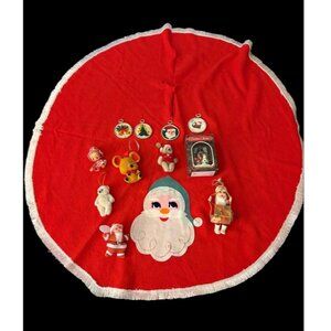 Vintage Christmas Lot Felt Tree Skirt, Ornaments, Needlepoint Decor